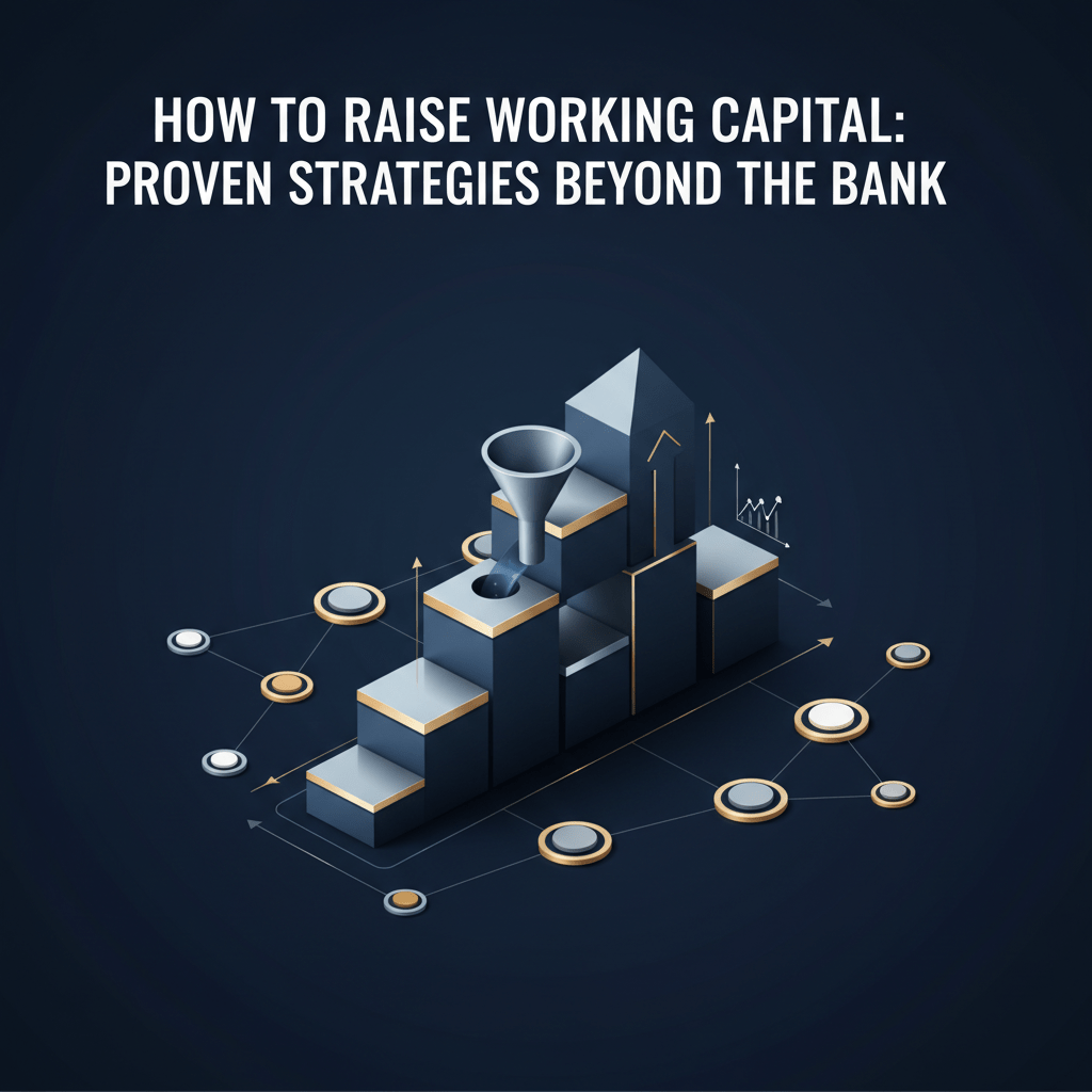 A premium infographic-style header image. It features a central abstract sculpture, composed of polished geometric forms in ascending progression, symbolizing capital growth. Surrounding this, an intricate network graph with interconnected nodes and directional lines represents investor relationships and strategic capital flow. The design uses modern, vector-based geometric shapes, subtle gradients, and metallic silver and gold accents against a deep navy and charcoal background, conveying sophistication, strategic finance, and an exclusive network approach to raising working capital.