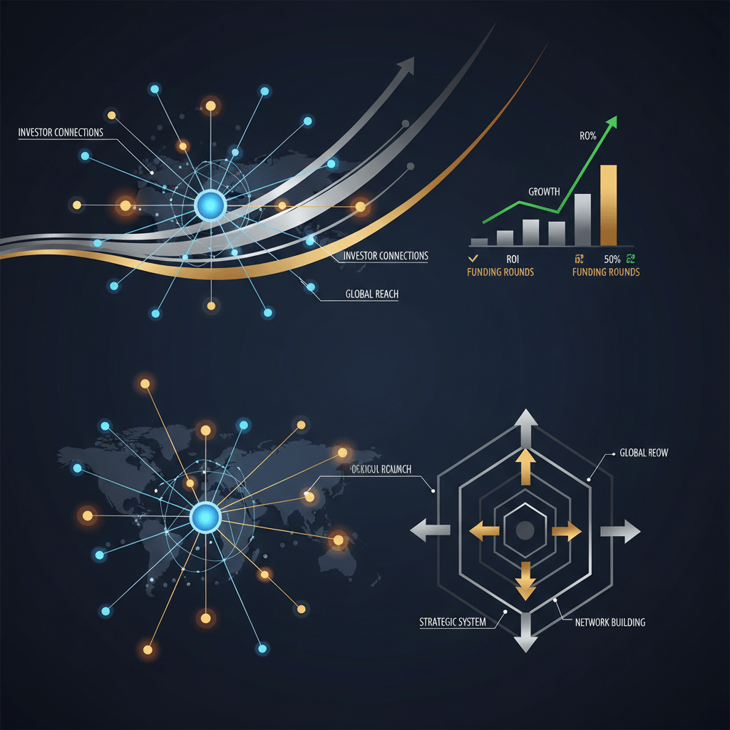 A premium, minimalist infographic header image for a business article, depicting a sophisticated system for building investor networks and raising capital. It features a central network graph with interconnected nodes and glowing pathways representing strategic investor relationships and global reach. Ascending metallic lines symbolize capital flow and growth, leading to a clean data chart with an upward trend. Layered geometric shapes and directional arrows illustrate a structured, proven methodology. The design uses a color palette of deep navy, charcoal, and white with metallic silver and gold highlights, conveying professionalism and elite access.