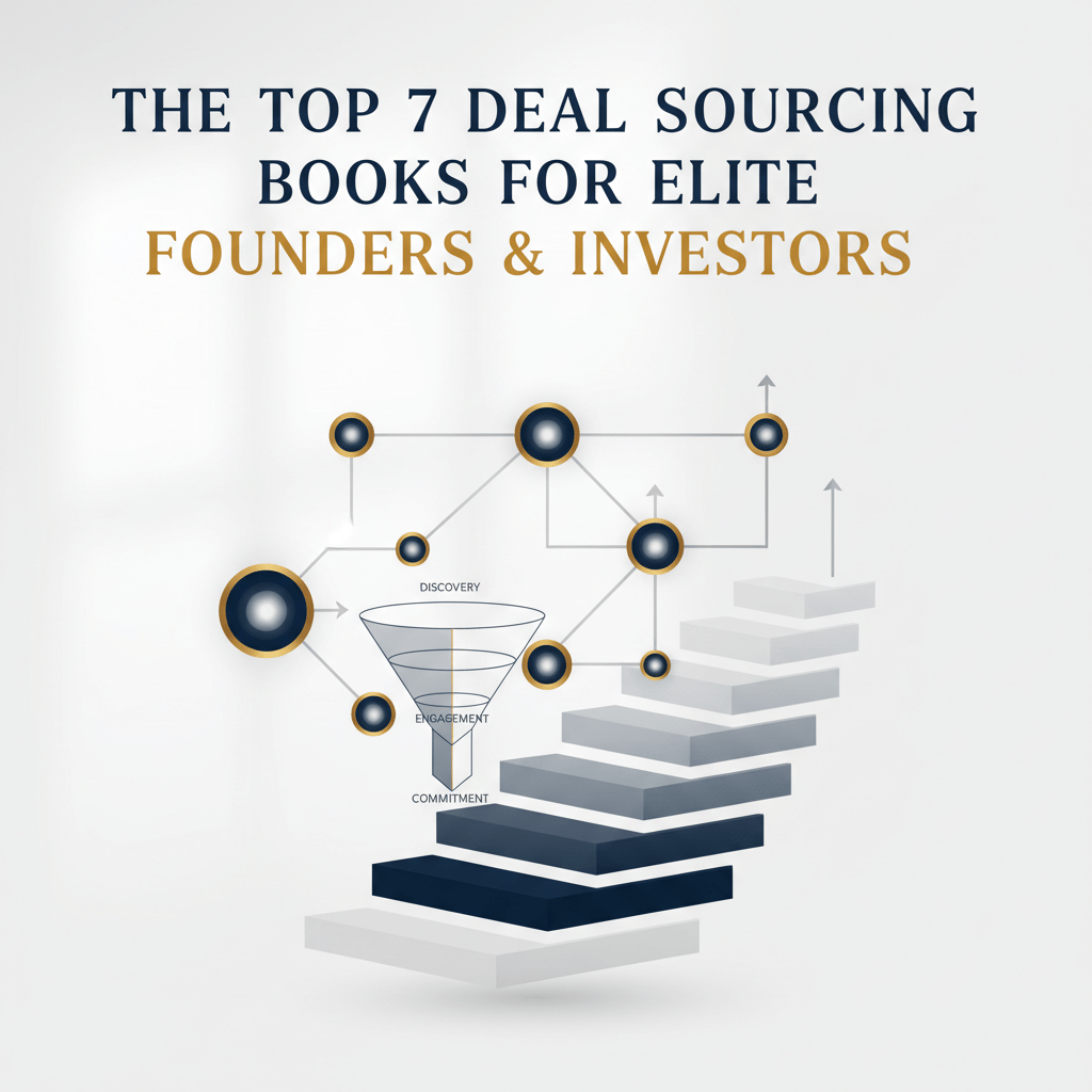 A premium, minimalist infographic header image for an article on deal sourcing books. It features a conceptual visualization of interconnected investor networks with nodes and pathways, alongside an ascending growth chart indicating capital flow, and a subtle funnel diagram for deal progression. Rendered in a modern, vector style with geometric shapes, subtle gradients, and metallic silver and gold accents on a deep navy, charcoal, and white color palette. The image contains no people or photographic elements.