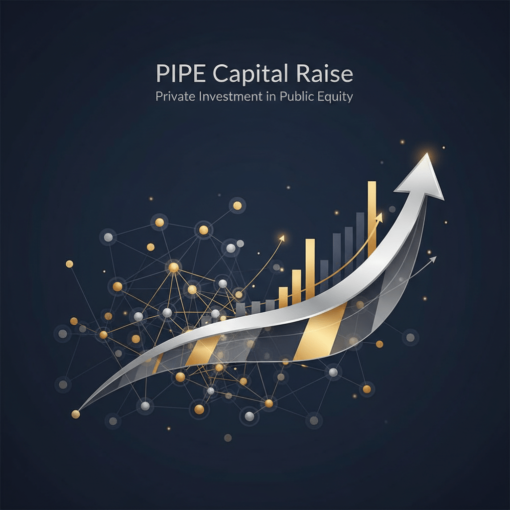 A premium, minimalist infographic showing a network of investor connections and a streamlined capital flow pathway, using deep navy, charcoal, and metallic silver/gold, representing a strategic PIPE capital raise.