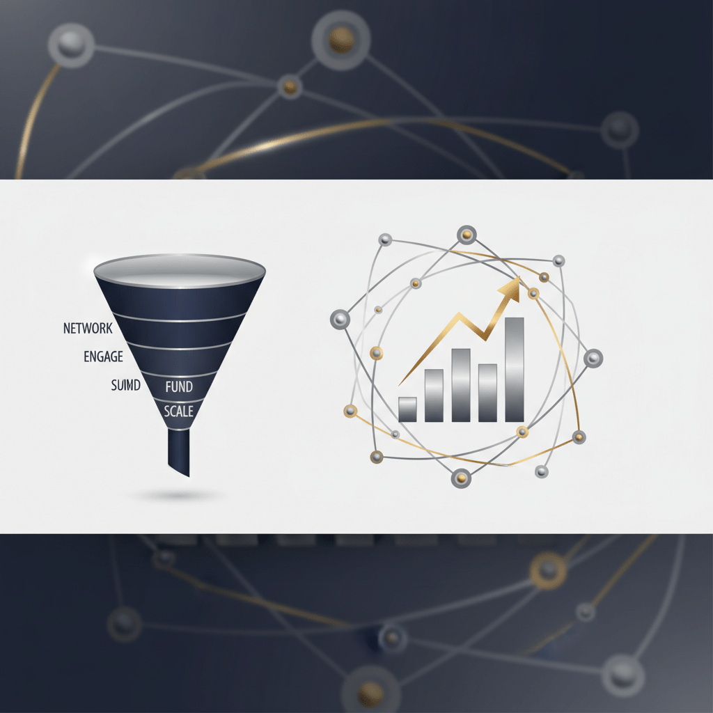 A premium, minimalist infographic showing an interconnected network of nodes and lines representing investor relationships, an ascending growth chart, and a multi-stage capital raising funnel, all in a sophisticated deep navy, charcoal, white, and metallic silver/gold color palette. No human figures.