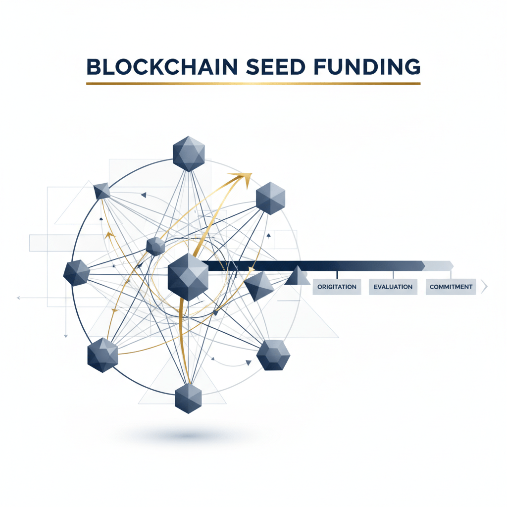 A premium, minimalist infographic-style header image featuring an interconnected network of geometric nodes and dynamic pathways. This visual represents investor connections, capital flow, and strategic fundraising progression for blockchain seed funding. The vector art uses deep navy, charcoal, white, and metallic silver accents, with ample negative space, conveying sophistication and clarity without human figures.