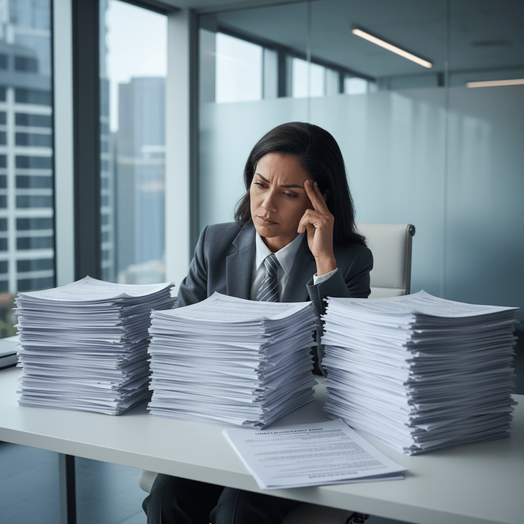 A professional looking frustrated amidst stacks of generic loan applications in a modern office, symbolizing the struggle with traditional fundraising methods.