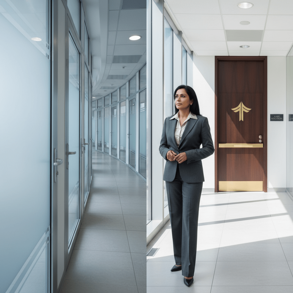 A professional making a clear, strategic choice between different paths in a sophisticated business setting.