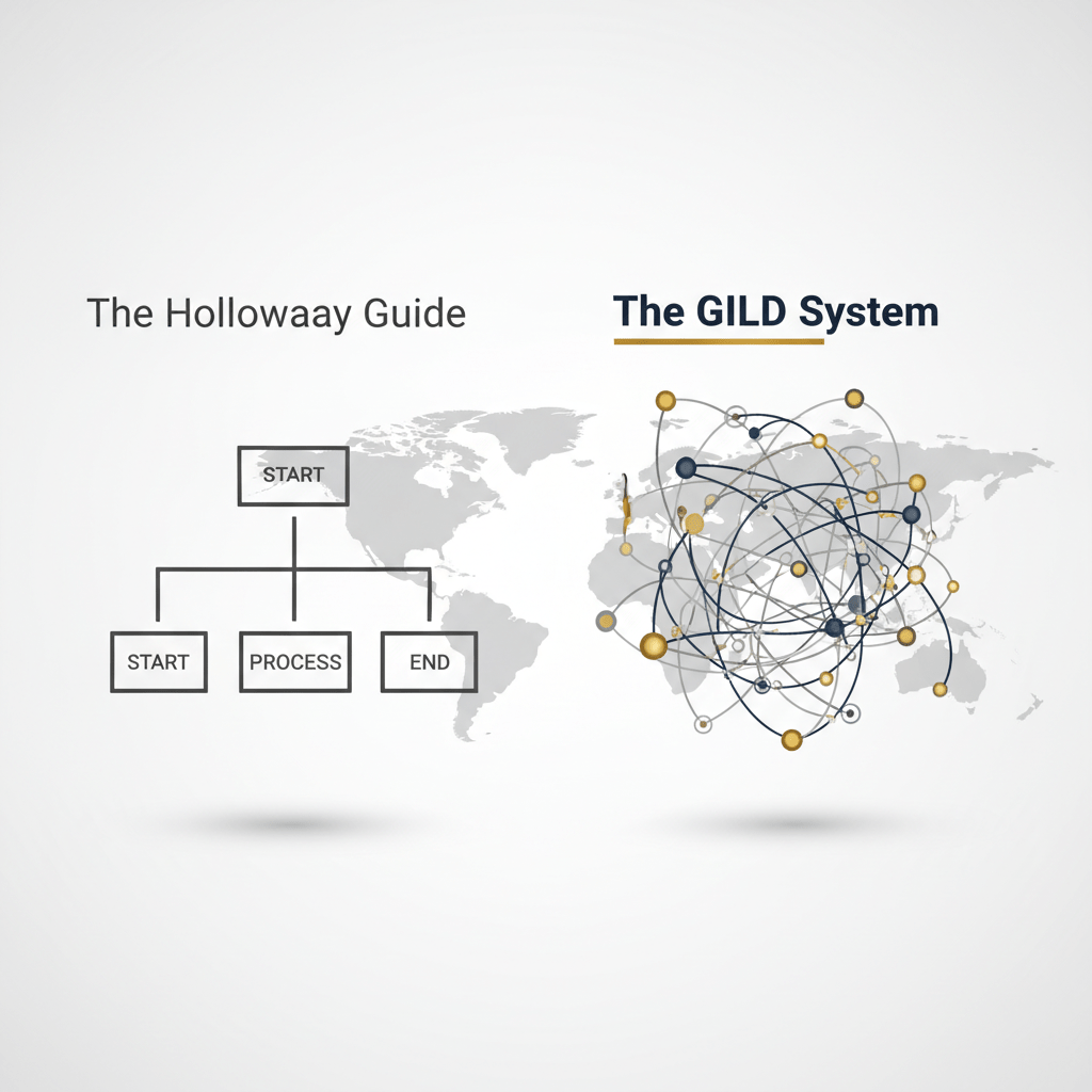 A side-by-side abstract comparison showing a static document icon versus a dynamic, interconnected global network, representing two different capital raising systems.