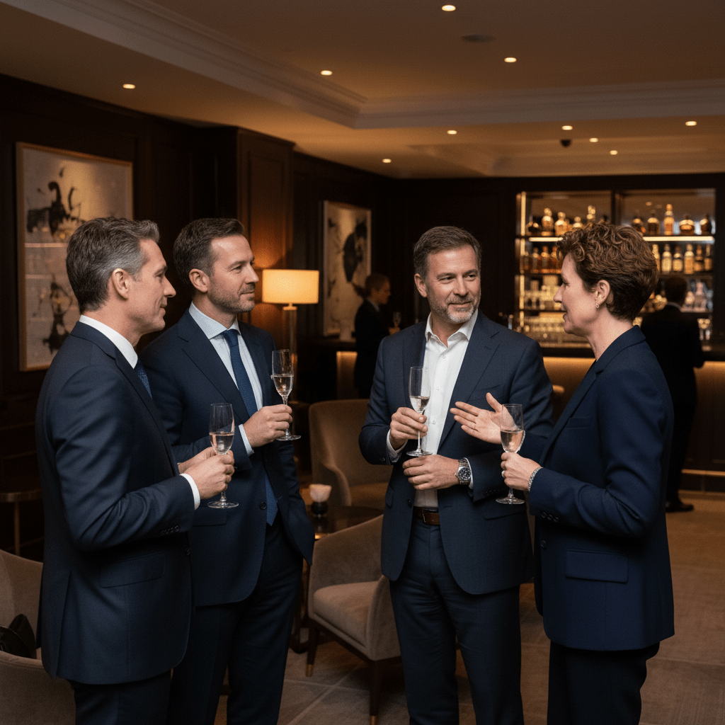 A small group of diverse, well-dressed business leaders networking and conversing in an exclusive, luxurious lounge, symbolizing an elite investor community.