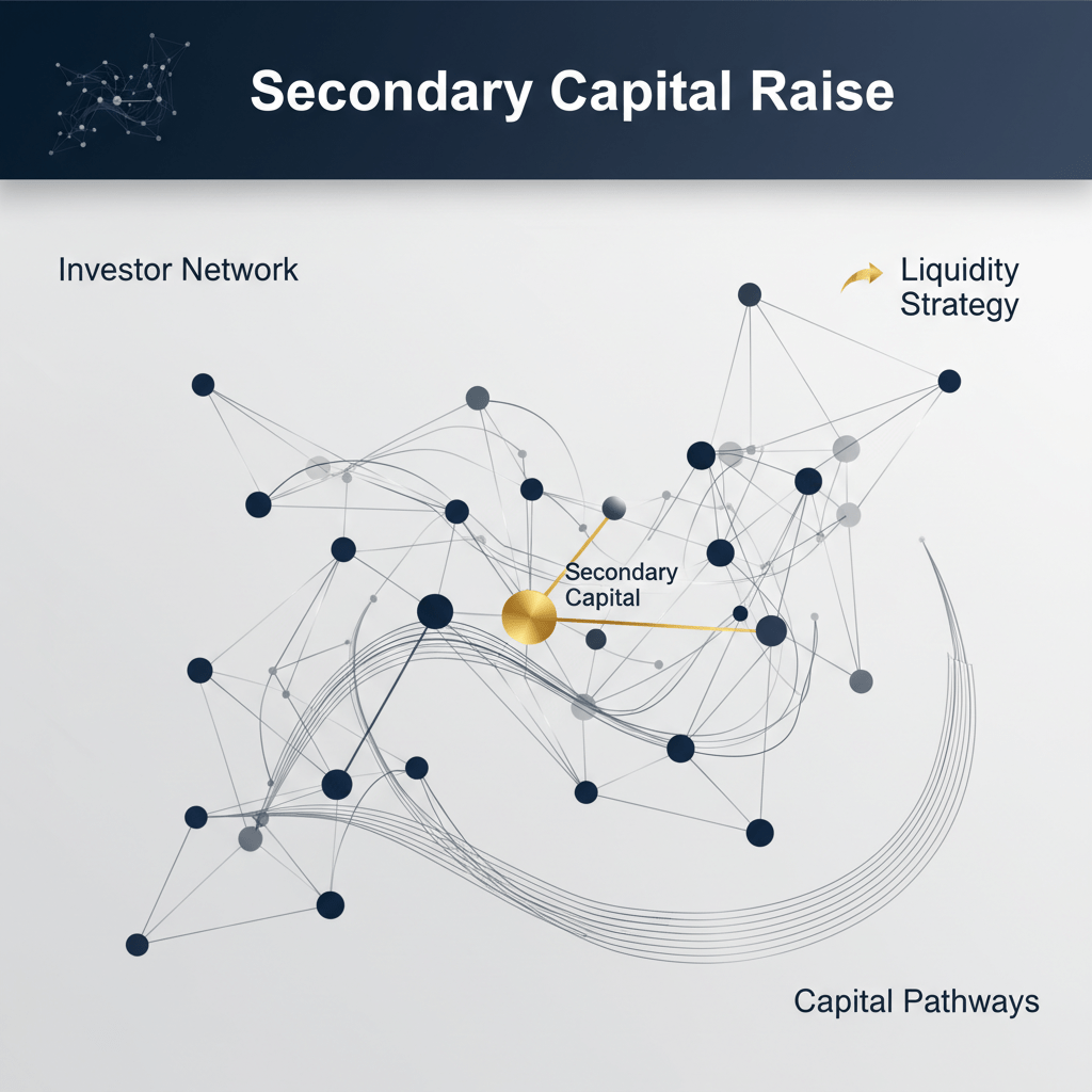 A sophisticated infographic header image illustrating a secondary capital raise. It features a minimalist network graph with interconnected geometric nodes in deep navy and charcoal, linked by subtle metallic silver lines representing capital flow and investor relationships. A prominent metallic gold element highlights the secondary raise as a liquidity event. The vector-based design uses clean lines, subtle gradients, and a palette of navy, charcoal, white, and metallic accents, with ample negative space. Short labels read 'Investor Network' and 'Liquidity Strategy'.