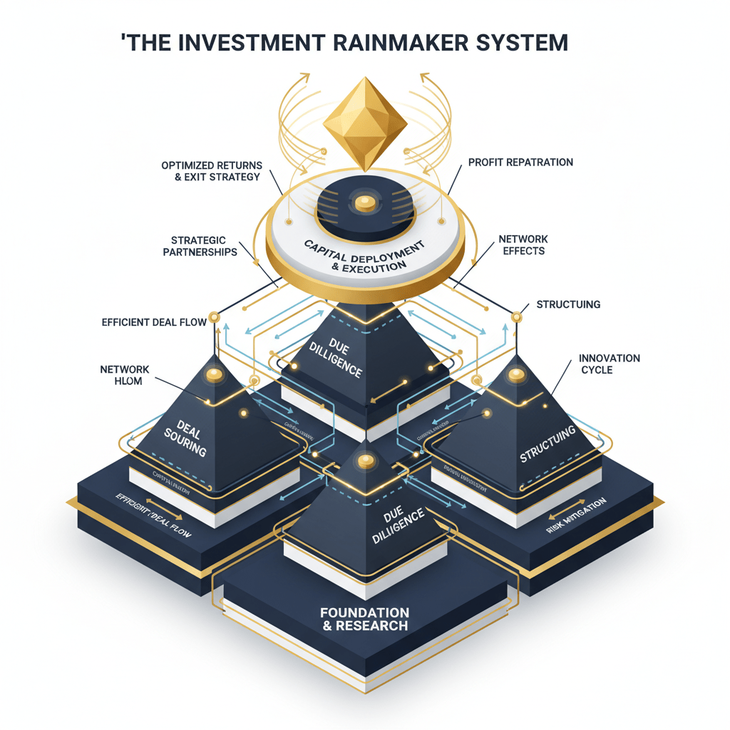 A sophisticated infographic illustrating 'The Investment Rainmaker System' as a multi-tiered, interconnected framework with layers representing core principles and stages, highlighted by gold accents for successful deal flow.