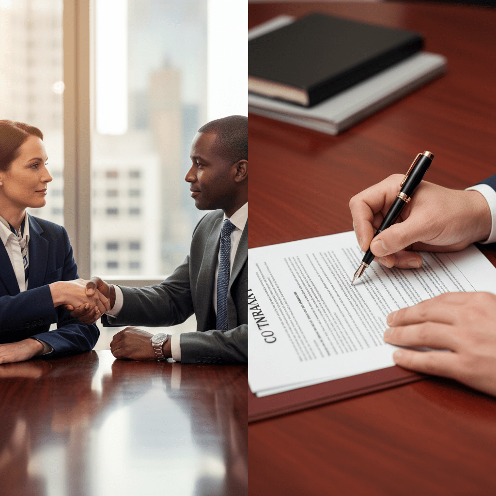 A split image showing a trusting handshake on one side, representing partnership, and a hand signing a contract on the other, representing a transaction.