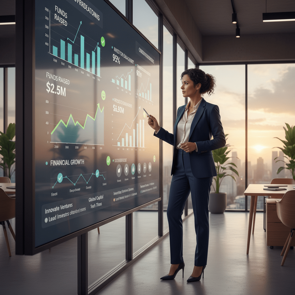 A strategic founder confidently reviewing a successful crowdfunding campaign's analytics on a large digital display in a modern, professional office environment.