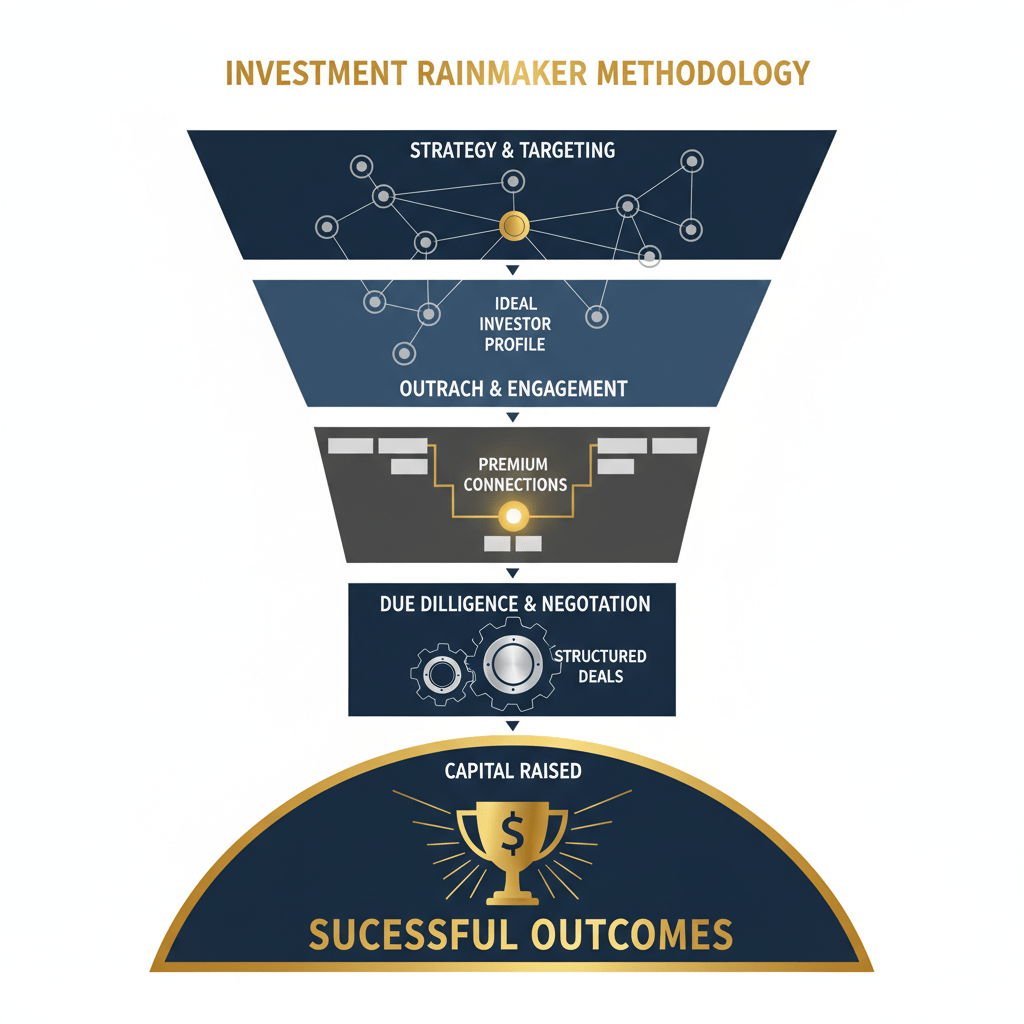 A structured, layered system infographic with interconnected nodes and a directional flow, illustrating an 'Investment Rainmaker' capital raising methodology in navy, white, charcoal, and gold accents.