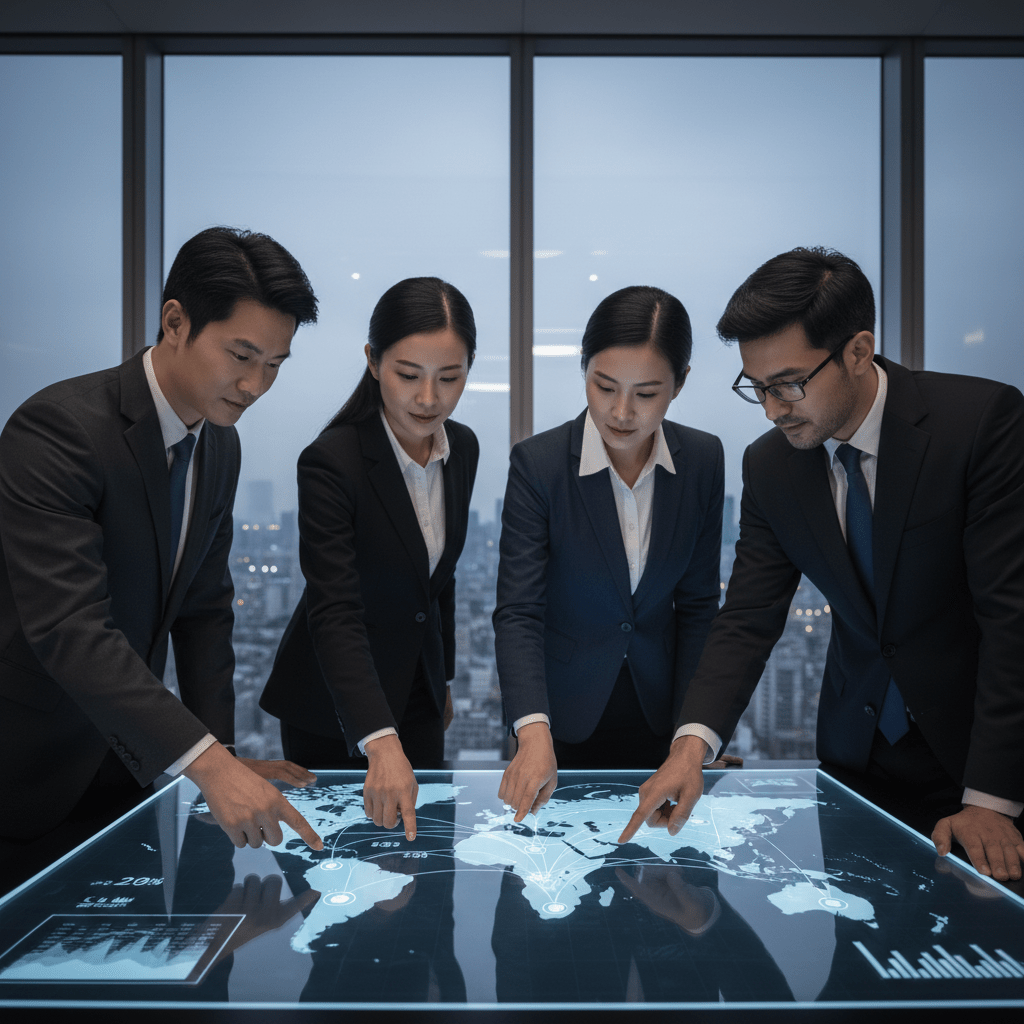A team of financial executives reviewing a global market map on a large digital display, discussing international investment opportunities.