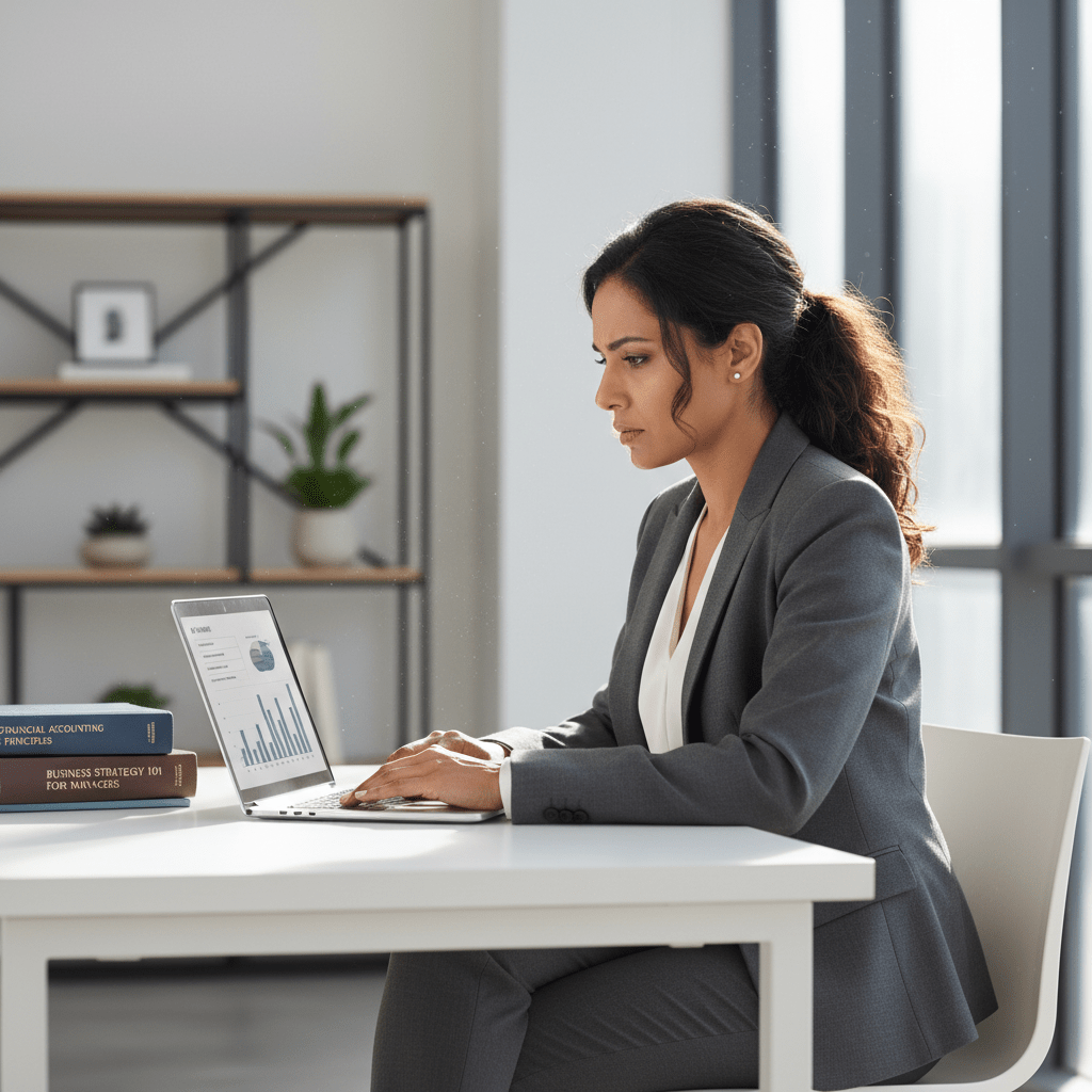 A thoughtful female entrepreneur expresses subtle frustration with generic financial course materials on her laptop.