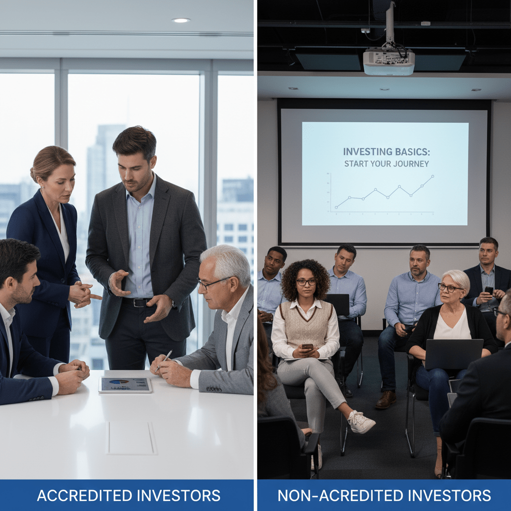 A visual comparison showing a sophisticated group of accredited investors in a strategic discussion versus a larger, more general audience representing non-accredited investors.