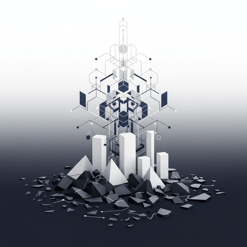 Abstract visualization showing scattered elements transforming into a structured, interconnected network, representing the impact of deal sourcing knowledge on capital raising.