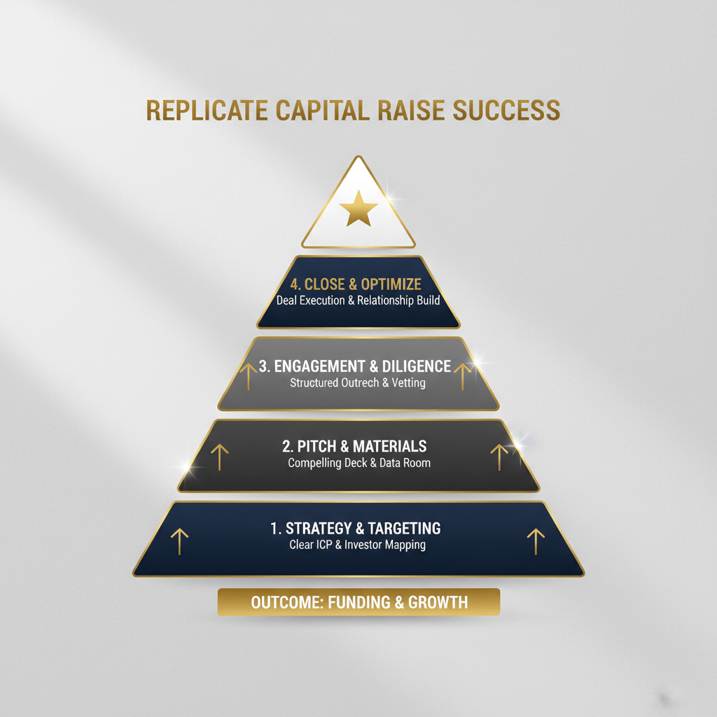 An abstract, ascending funnel or multi-step process infographic with geometric shapes in deep navy, white, charcoal, and gold accents, illustrating how to replicate capital raise success.
