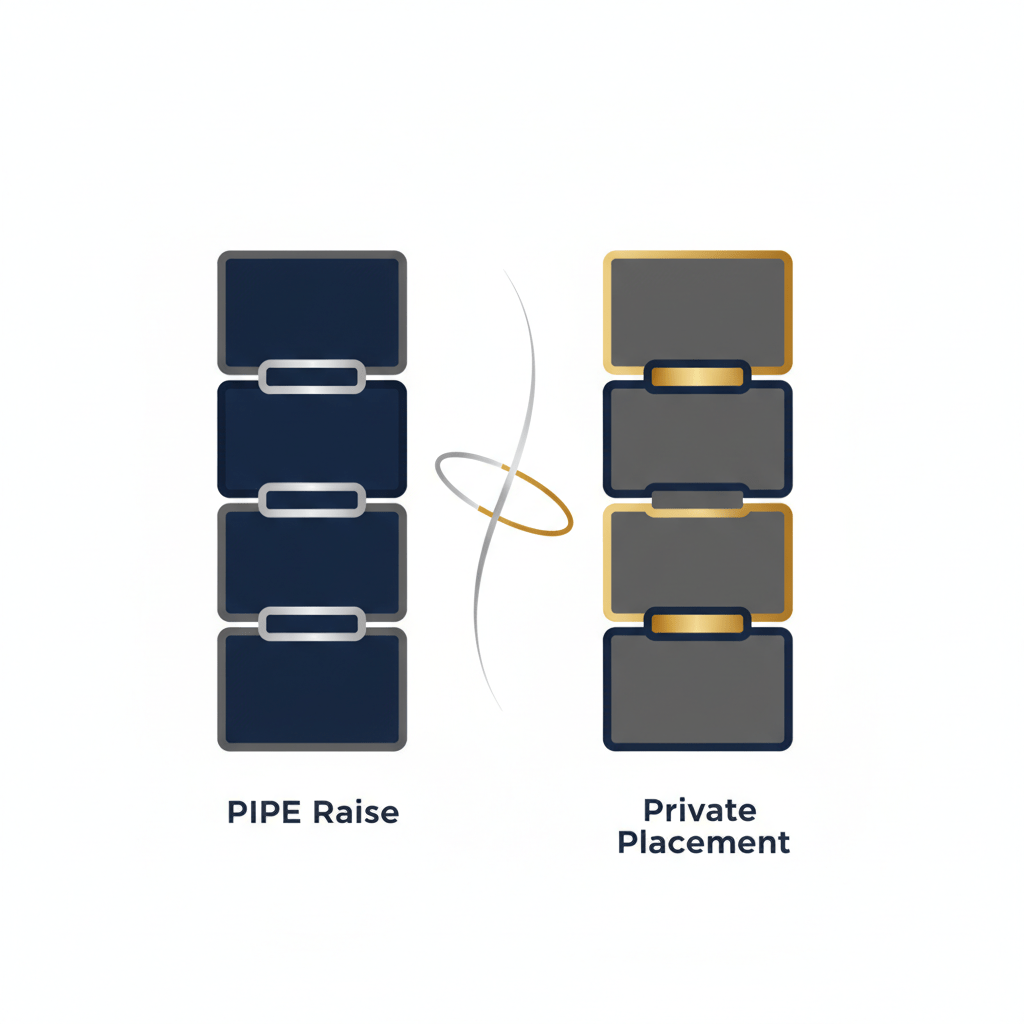 An abstract infographic comparing a PIPE Raise and a Private Placement, using two parallel, structured geometric frameworks with navy, charcoal, and silver accents to highlight differences.