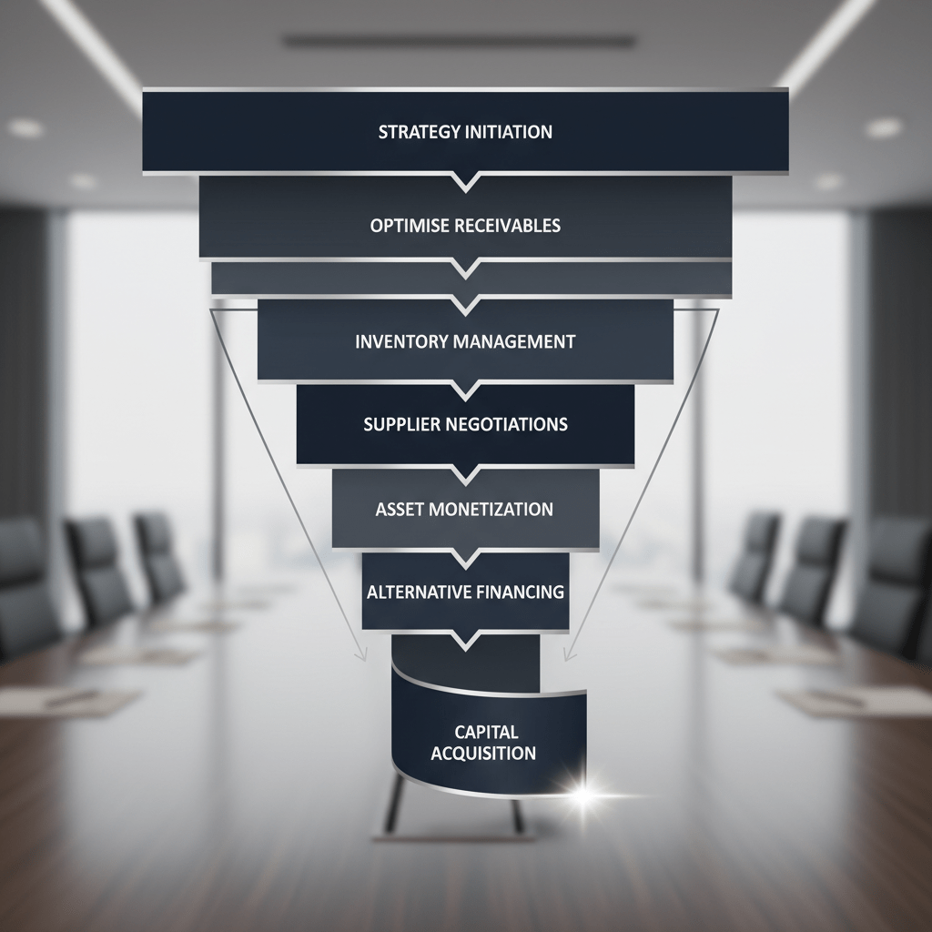An abstract infographic depicting a multi-stage pipeline or funnel, illustrating various strategies for raising working capital.