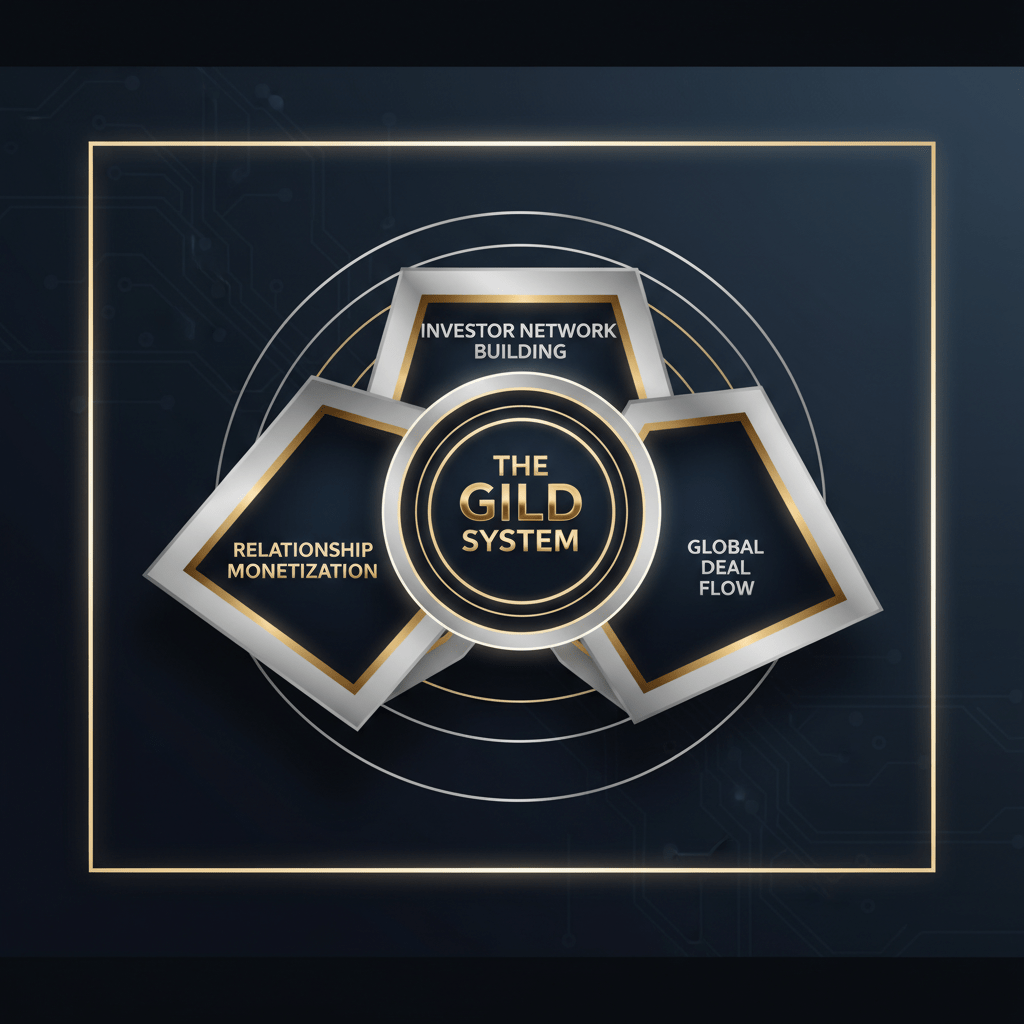 An abstract infographic depicting the GILD System as a multi-layered, structured framework, showing interconnected components for sustainable capital access.