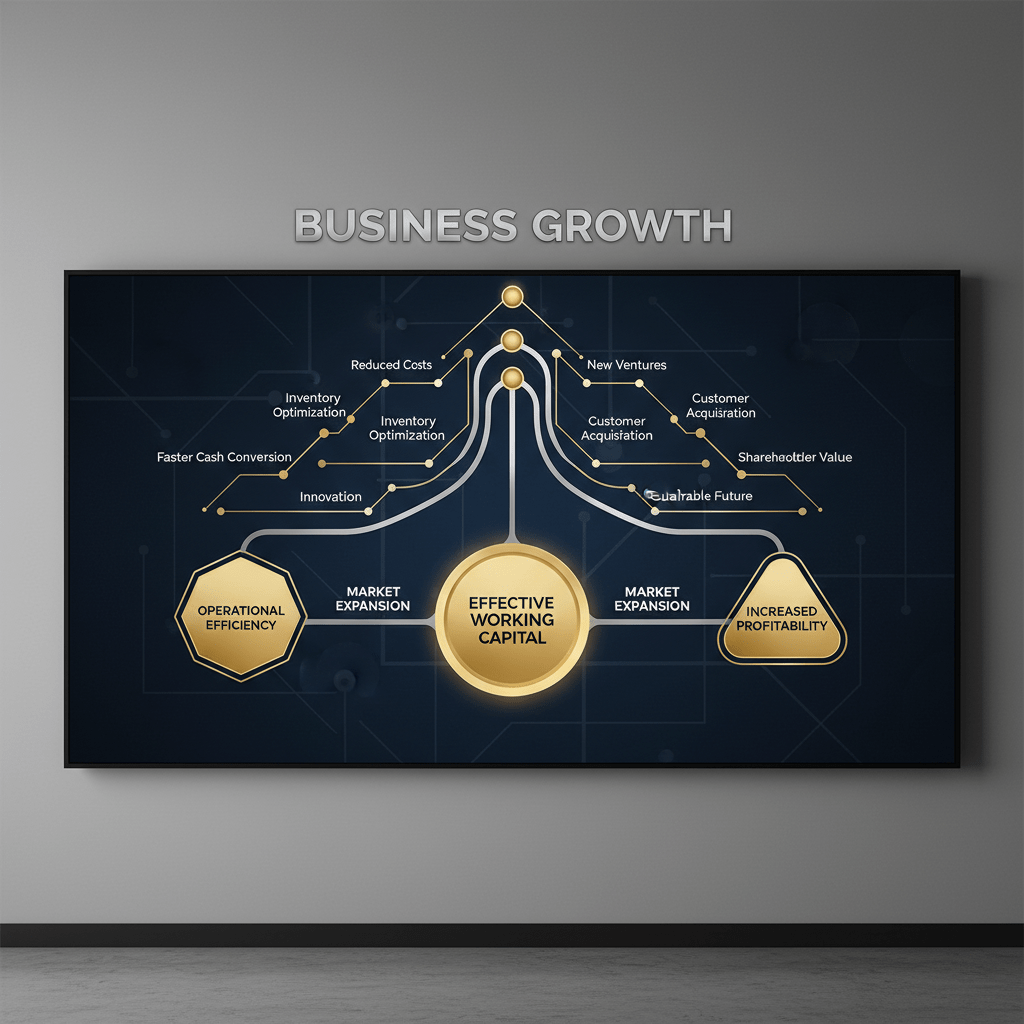 An abstract infographic illustrating working capital leading to business growth, showing interconnected nodes and upward-flowing lines.