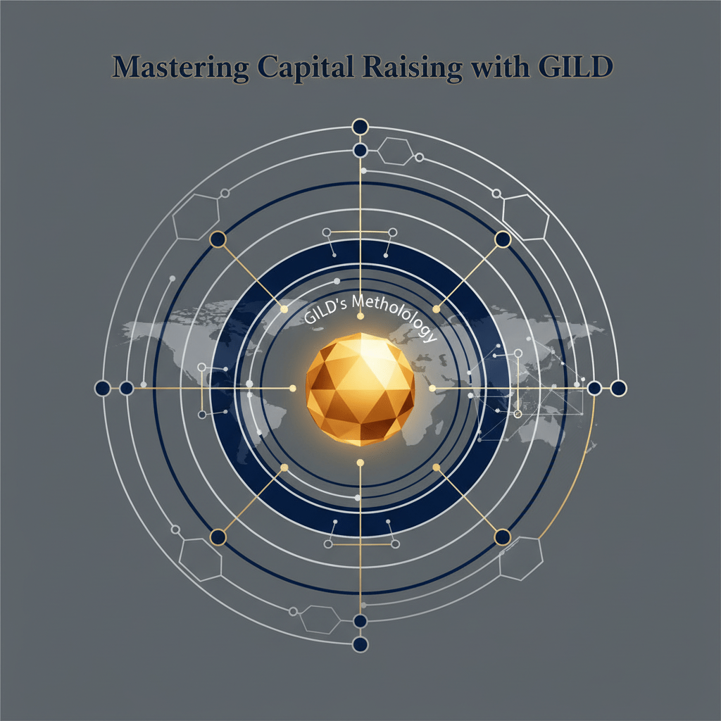 An abstract infographic showing a central core of capital-raising mastery, with interconnected layers and nodes expanding outwards to represent network building, global reach, and advanced strategies, in navy, charcoal, and gold.
