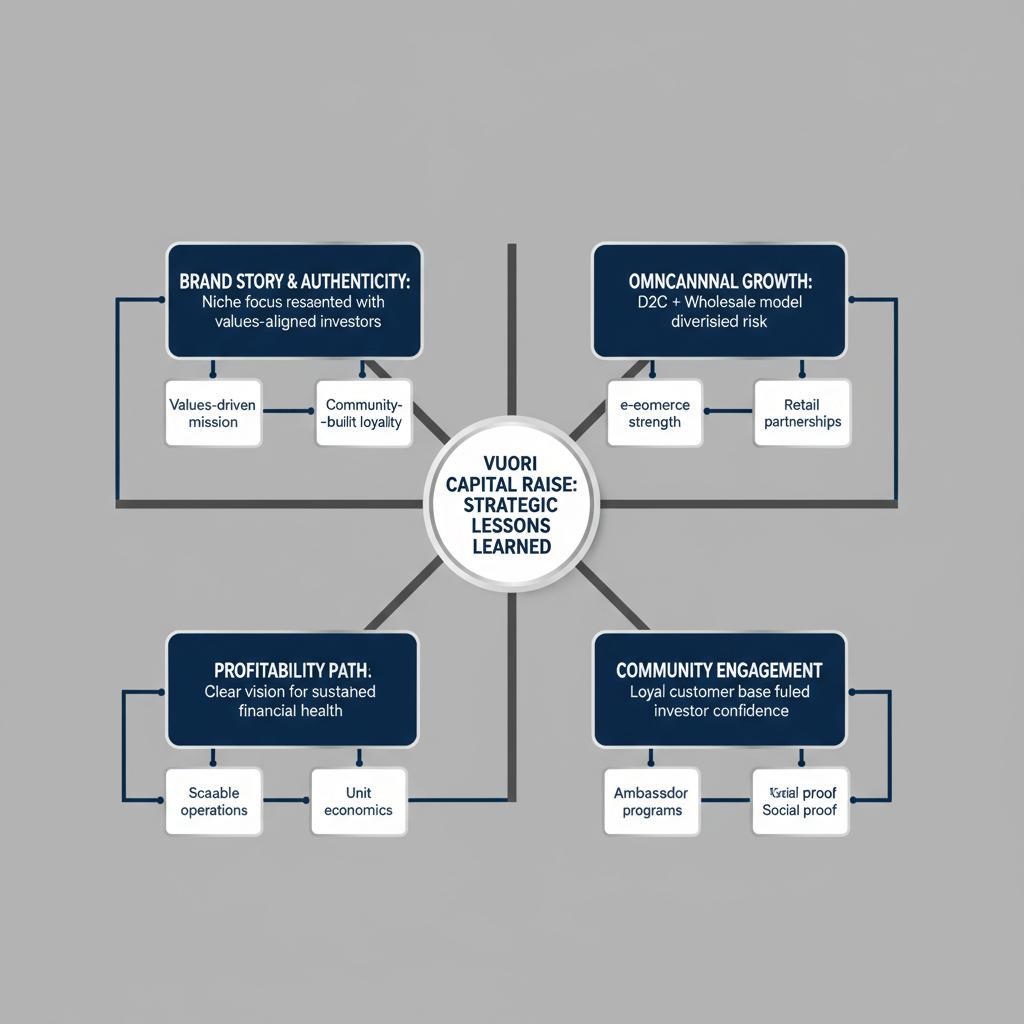 An abstract infographic with a central node connected to several radiating nodes, using geometric shapes in deep navy, charcoal, white, and silver accents, representing key lessons from a capital raise.