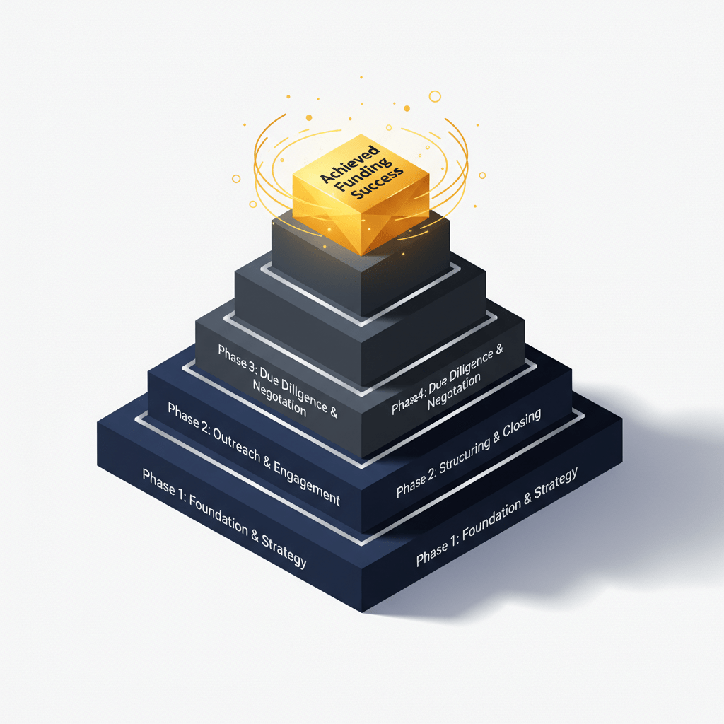 An abstract, multi-layered framework with ascending steps, illustrating a proven system for achieving capital raising success.