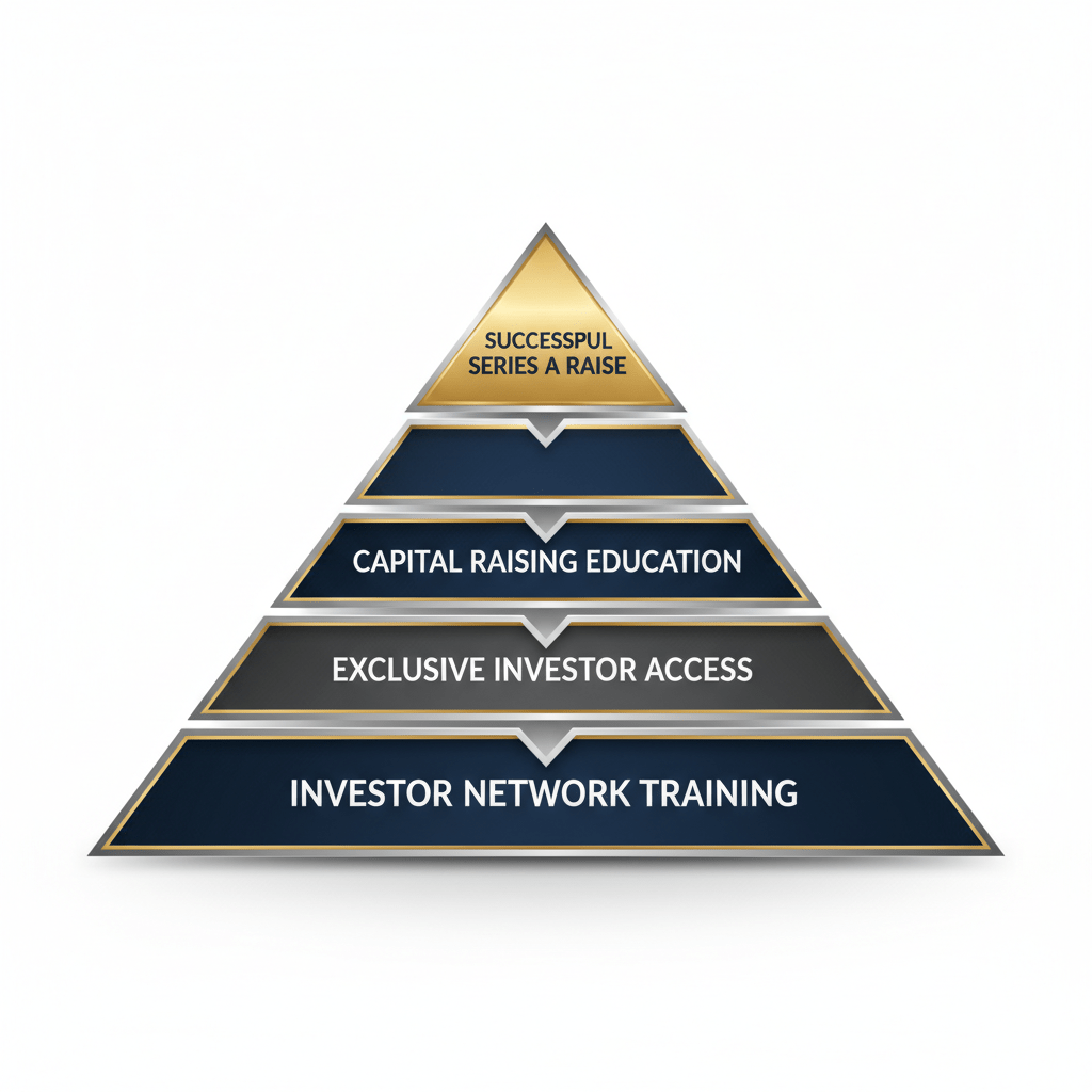 An abstract, multi-layered pyramid infographic showcasing GILD's systematic approach to Series A fundraising, with layers like investor network training and exclusive access leading to a successful raise.