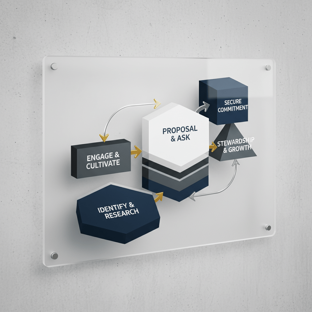 An abstract, multi-stage isometric pipeline representing a strategic fundraising model, with geometric shapes in navy, white, charcoal, and silver accents.