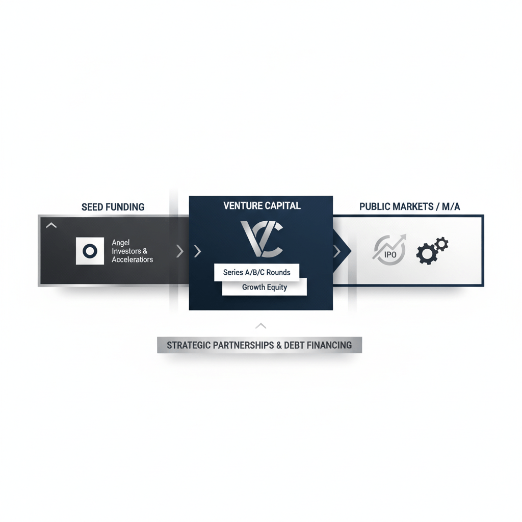 An abstract, multi-stage pipeline infographic with geometric shapes in deep navy, charcoal, white, and silver accents, representing key capital raising strategies.