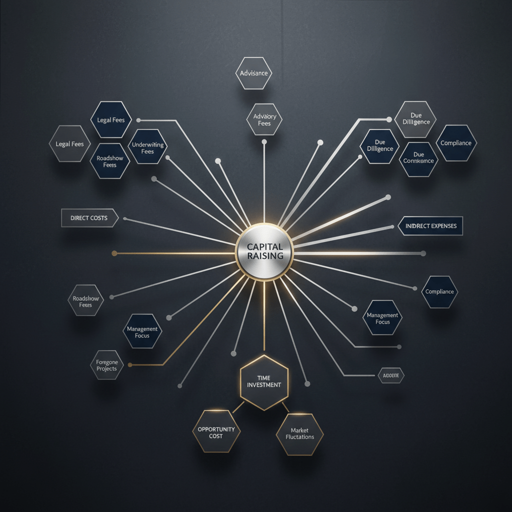 An abstract network diagram showing a central node representing 'Capital Raising' connected to various geometric nodes symbolizing direct, indirect, time, and opportunity costs, highlighted with silver and gold lines on a deep navy background.