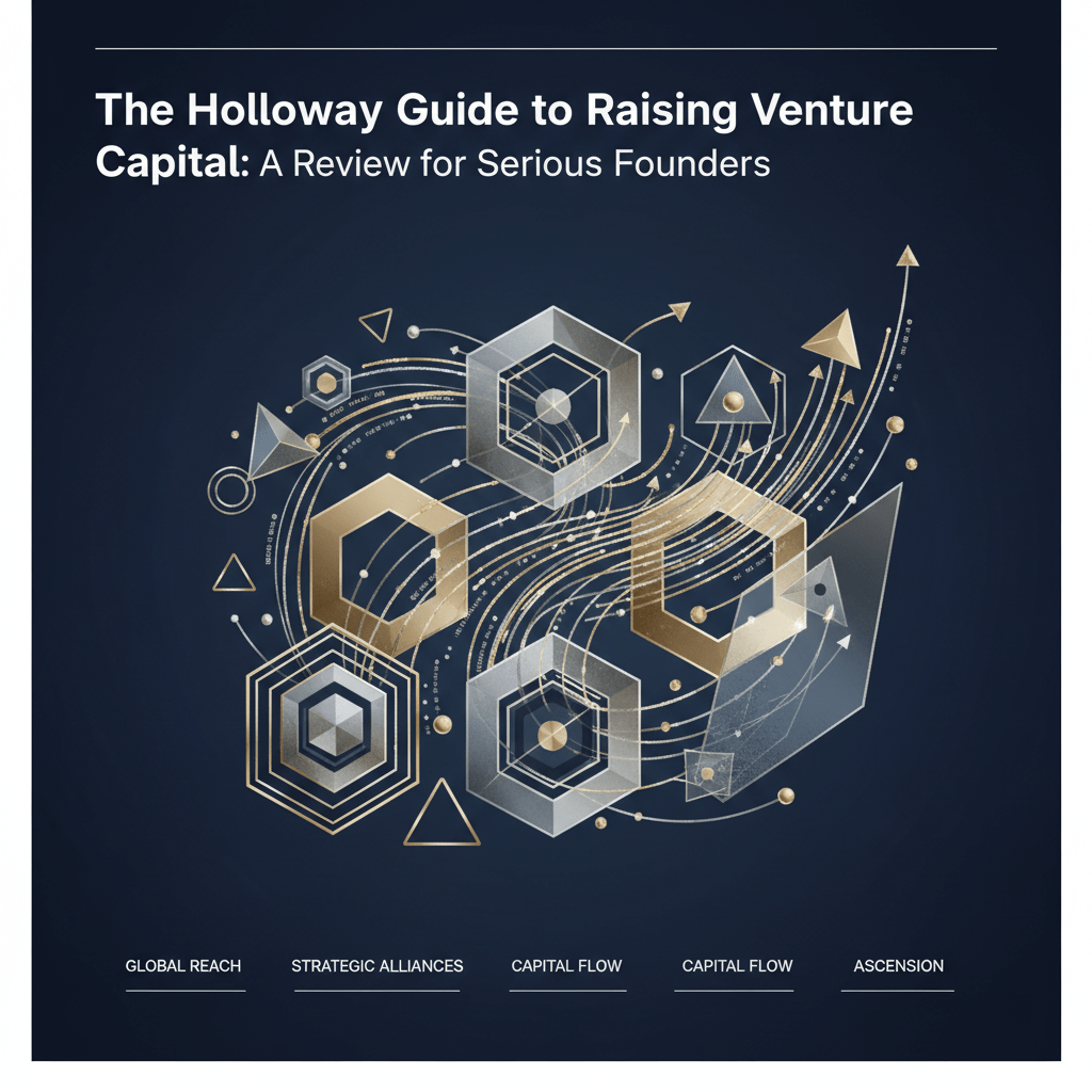 An abstract, premium infographic header image depicting a sophisticated investor network. Geometric nodes in deep navy and charcoal are interconnected by shimmering metallic silver and gold lines, symbolizing warm introductions and capital flow. The design features subtle ascending pathways and layered frameworks, conveying strategic growth and successful venture capital raising. The minimalist, vector-based style with ample negative space is set against a clean white background, emphasizing professionalism and elite access.