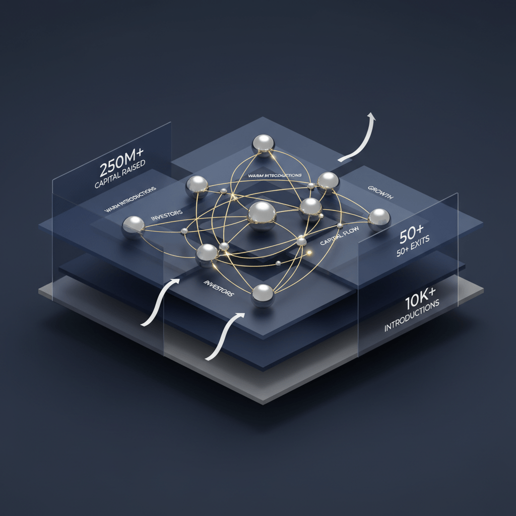 An abstract, premium infographic header image featuring an interconnected network graph with metallic silver nodes and golden lines representing investor relationships and capital flow. This network is overlaid on deep navy and charcoal geometric shapes, symbolizing a structured capital-raising system. White arrows indicate progression and growth, with minimal text labels for clarity. The style is modern, vector-based, and clean.