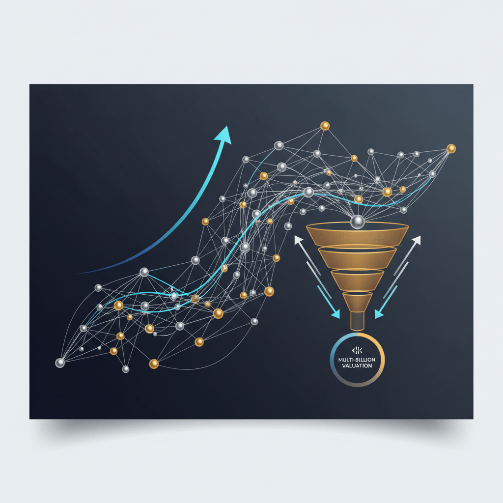 An abstract, premium infographic header image in a clean, modern, vector style. The visual prominently features a complex network graph with interconnected, glowing nodes and elegant lines, symbolizing robust investor relationships and strategic capital flow. Integrated within this network are an upward-trending line graph, signifying substantial growth and multi-billion dollar valuation, and a multi-stage funnel diagram, illustrating a clear, structured pathway for investment acquisition. The color palette consists of deep navy, charcoal, and white, accented with shimmering metallic silver and gold highlights, conveying trust, sophistication, and elite access. Geometric shapes and subtle gradients are utilized throughout, with ample negative space to maintain visual clarity for an executive audience. The overall composition represents a data-driven, relationship-focused approach to high-level capital raising.
