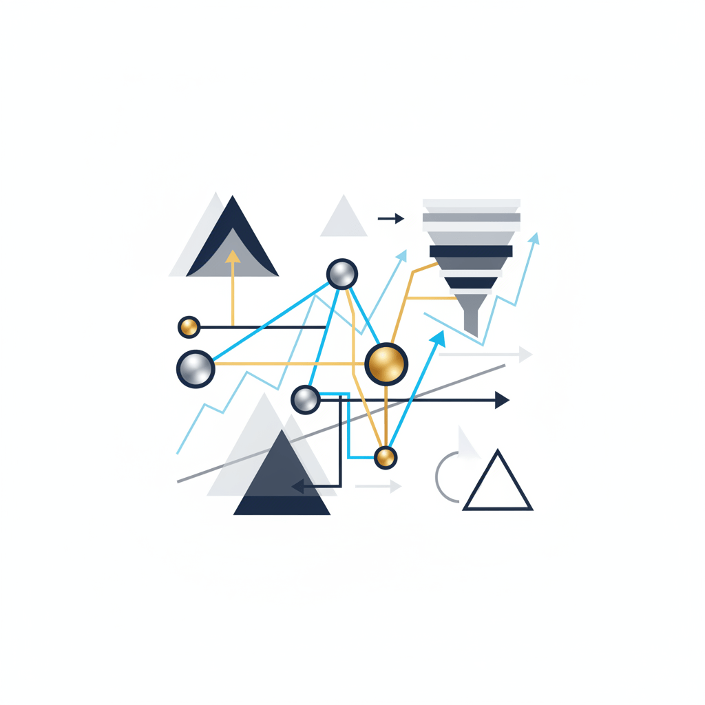 An abstract, premium infographic-style illustration depicting the venture capital deal process. It features a central network graph with interconnected nodes representing investors and founders, linked by dynamic pathways symbolizing relationship-based fundraising. Overlaid are abstract, upward-trending growth charts and funnel diagrams that illustrate capital flow and deal progression. The design uses clean geometric shapes, subtle gradients, and metallic silver and gold accents on a deep navy and charcoal background, conveying a structured, results-driven, and exclusive approach to securing investment.