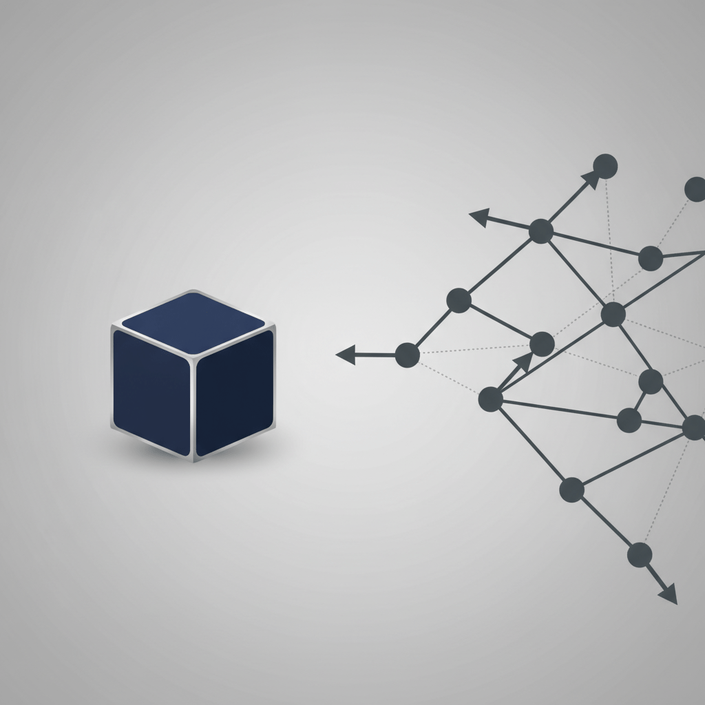 An abstract visualization showing a simple, static rectangle next to an incomplete network of interconnected nodes, illustrating the limits of theoretical knowledge.