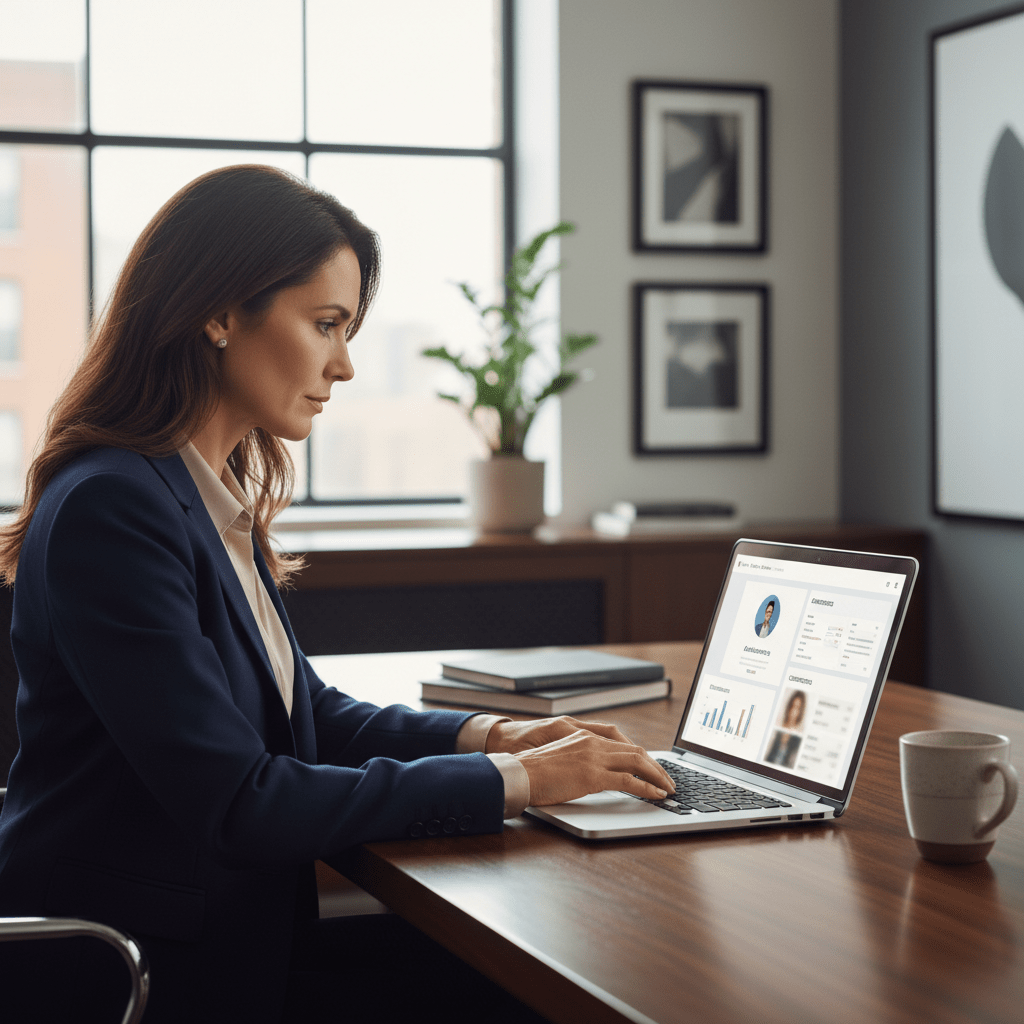 An executive woman focused on optimizing her professional online profile on a laptop in a modern office.