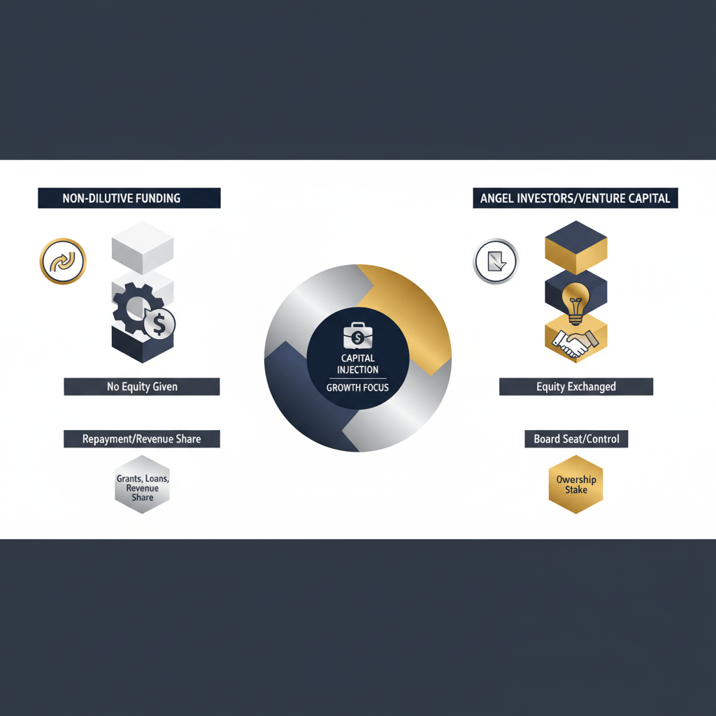 An infographic comparing two distinct funding models, Non-Dilutive Funding versus Angel Investors and Venture Capital, using a balanced diagram with abstract geometric shapes and subtle metallic accents.