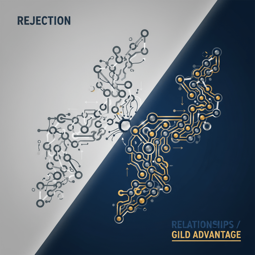 An infographic contrasting two networks: one side showing fragmented, broken connections (rejection), and the other showing a robust, highly interconnected network (GILD advantage through relationships).