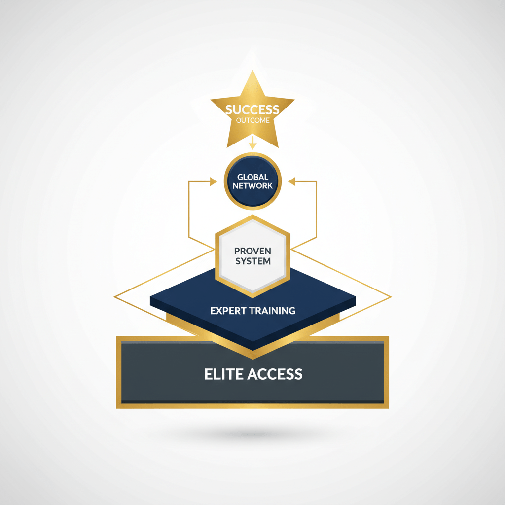 An infographic displaying a multi-layered, structured framework with ascending steps, highlighting key features of a premium investor training program like elite access and expert training.