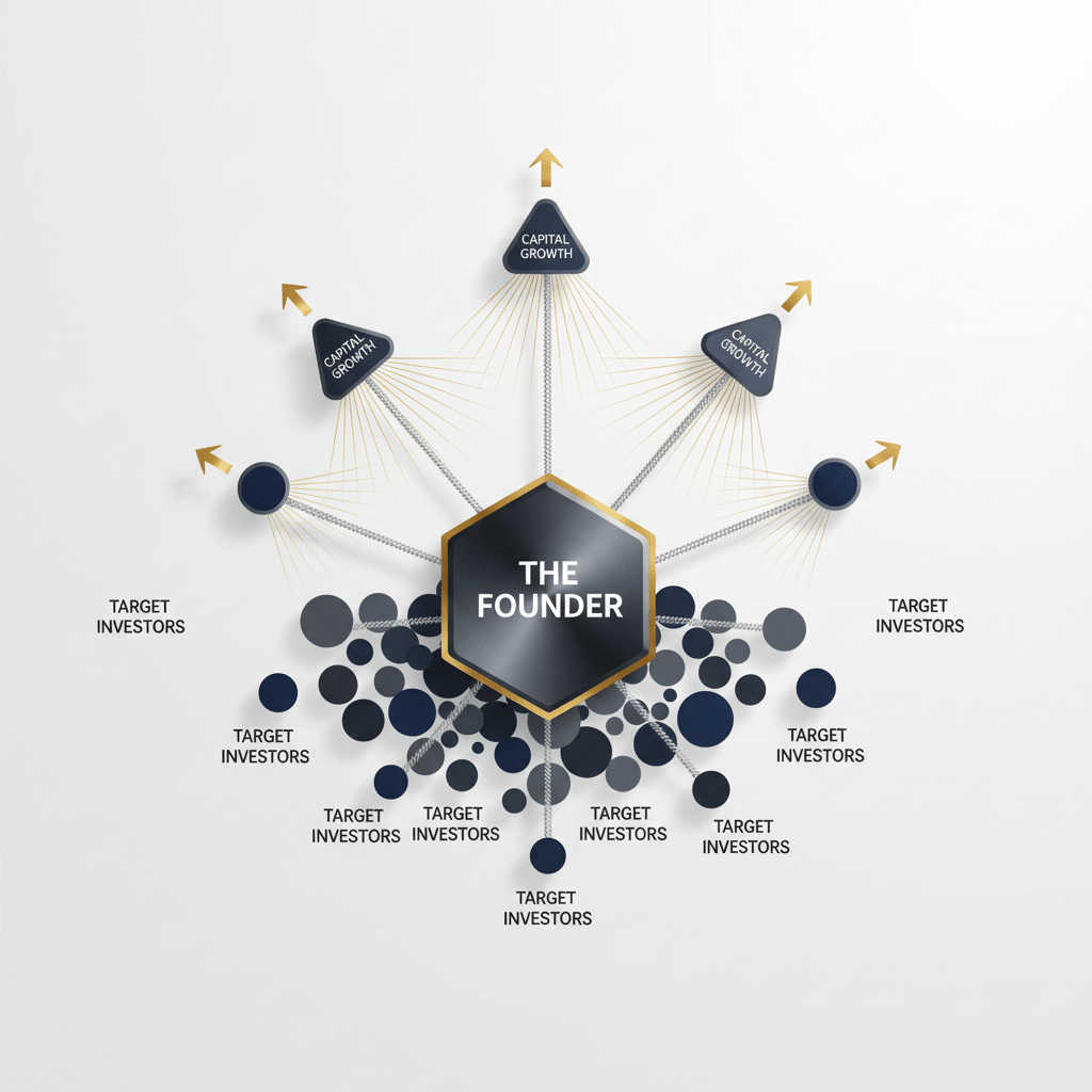 An infographic header image for an article on private placement capital raise. It depicts a sophisticated network of interconnected geometric nodes and pathways in deep navy, charcoal, and white with metallic gold highlights. A central node representing 'The Founder' is linked to several 'Investor' nodes, with directional arrows illustrating 'Capital Flow' and 'Relationship Pathways' leading towards 'Growth'. The style is clean, vector-based, and minimalist, emphasizing strategic connections and the flow of capital in fundraising.