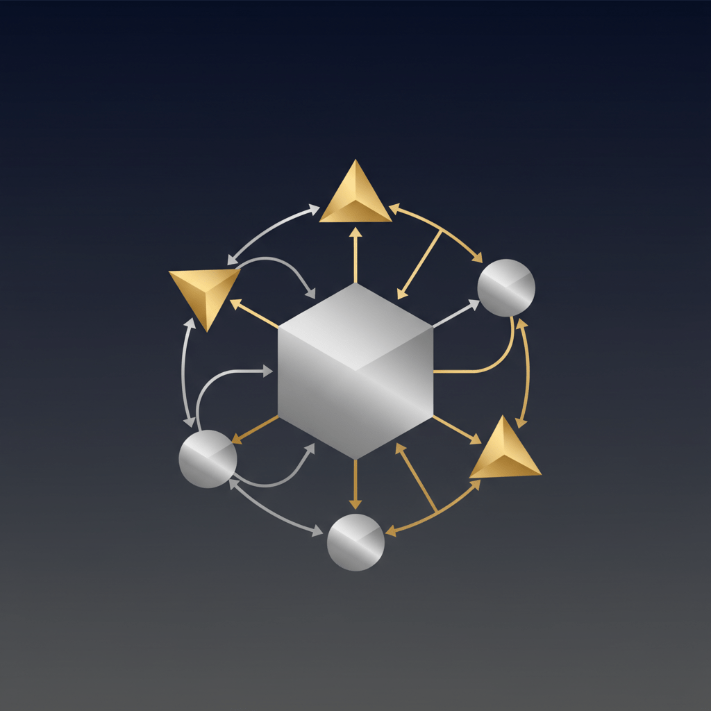 An infographic header image showing an abstract network graph. A central dark blue geometric shape representing a corporation is surrounded by several smaller silver and gold geometric nodes representing private investors. Subtle metallic lines and arrows illustrate capital flow and connections between investors and the corporation, set against a deep navy and charcoal background, emphasizing a structured, interconnected network.