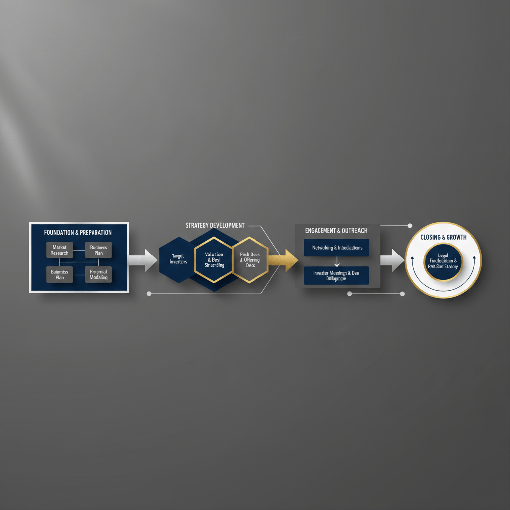 An infographic illustrating a multi-layered, step-by-step framework for building a successful capital raising strategy, using clean geometric shapes and directional flow in deep navy, white, and charcoal with silver or gold highlights.