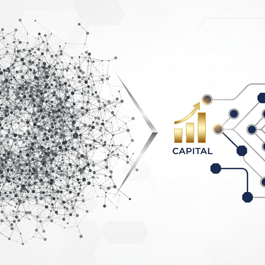 An infographic illustrating the contrast between crowded, noisy capital-raising platforms and GILD's clear, warm investor introduction pathways. On the left, a dense, chaotic network of disconnected nodes in grey. On the right, a structured, interconnected network of deep navy nodes linked by metallic lines, leading to a rising 'Capital' graphic, all in a modern, minimalist style.