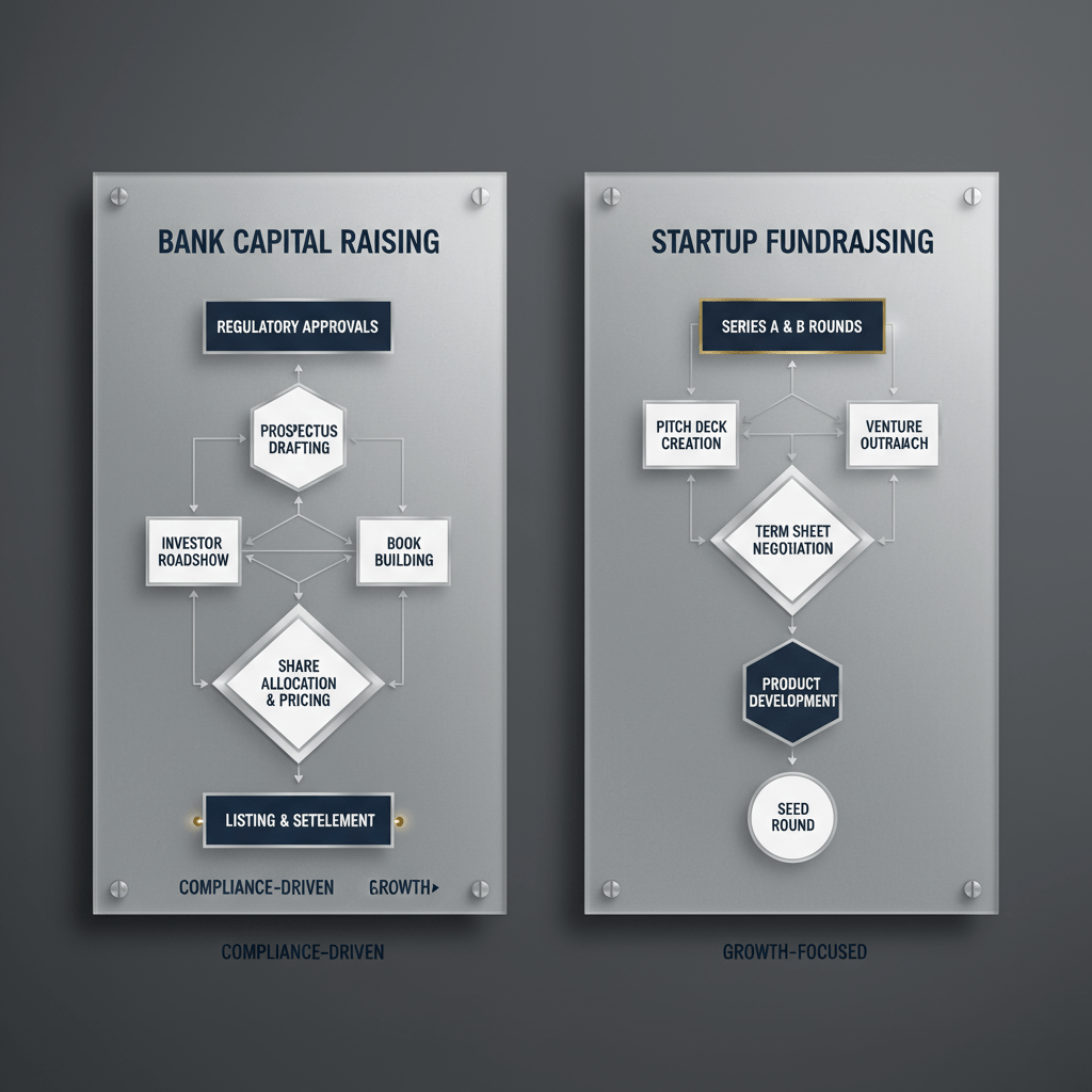 An infographic illustrating the fundamental differences between bank capital raising strategies and startup fundraising through two distinct, parallel process diagrams.