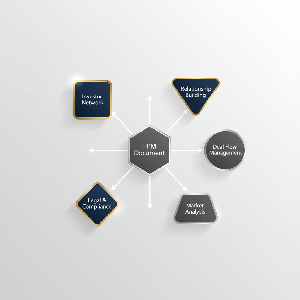 An infographic showing a central PPM document node connected by lines to surrounding, more prominent nodes representing critical supporting factors like investor networks and relationships, emphasizing that a PPM alone is not enough for funding.