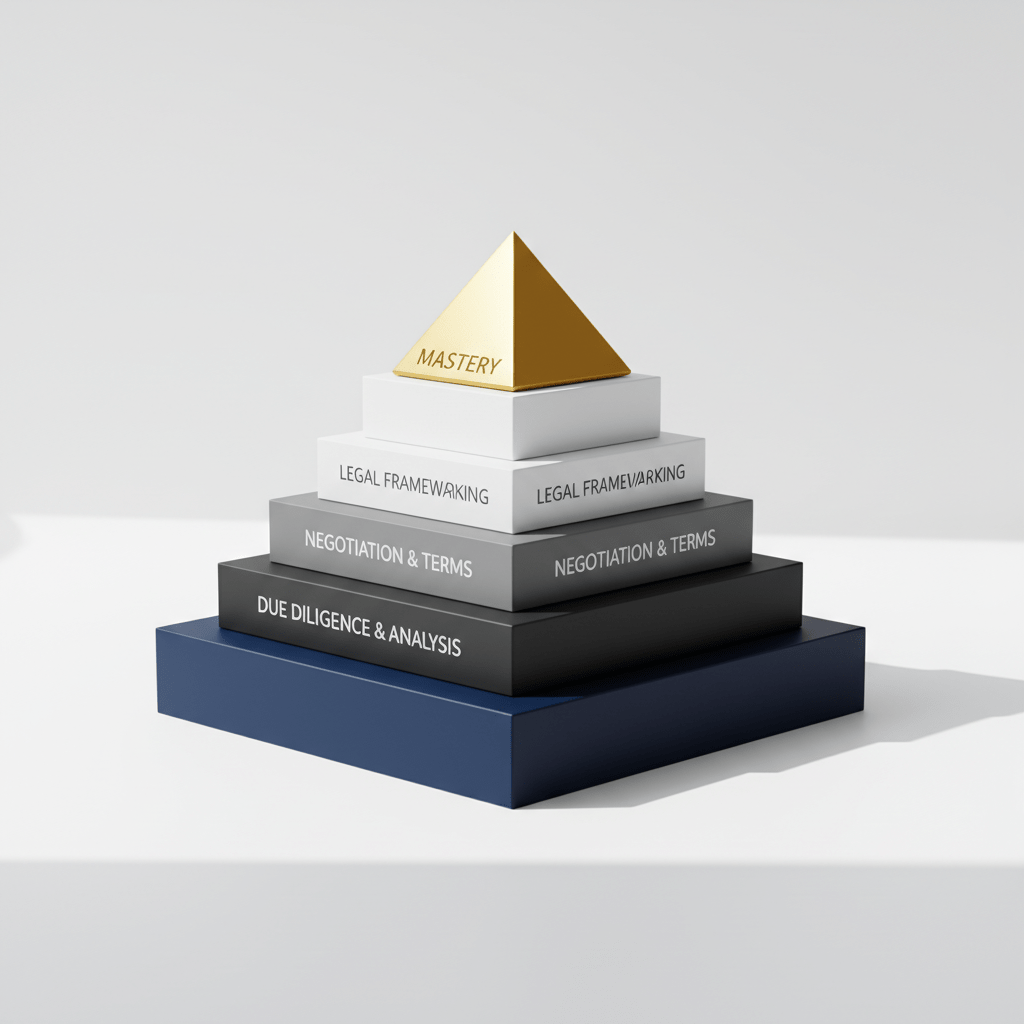 An infographic showing a multi-layered, structured framework, with the top layer subtly highlighted in gold, representing mastery in deal structuring within venture capital.
