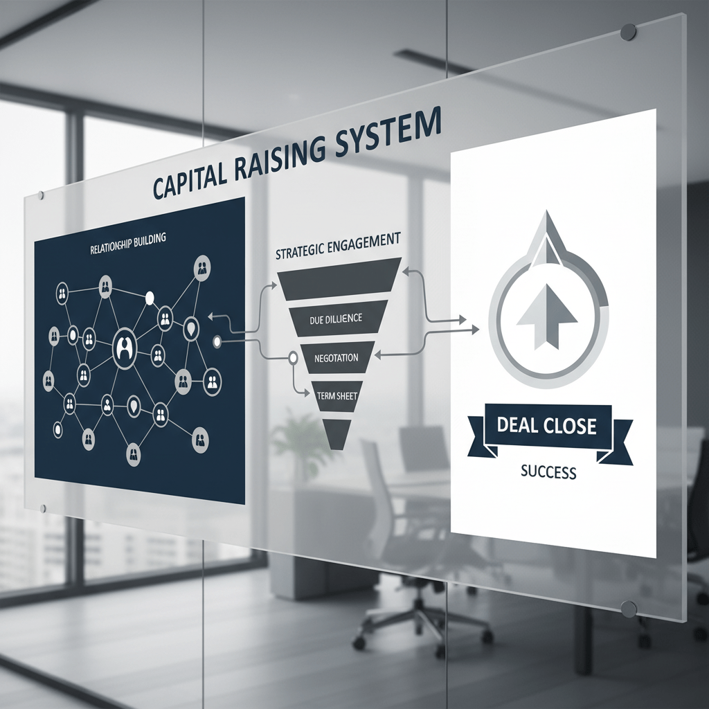 An infographic showing a multi-stage, interconnected system for modern capital raising, featuring geometric shapes representing relationship building, strategic engagement, and successful deal closure.
