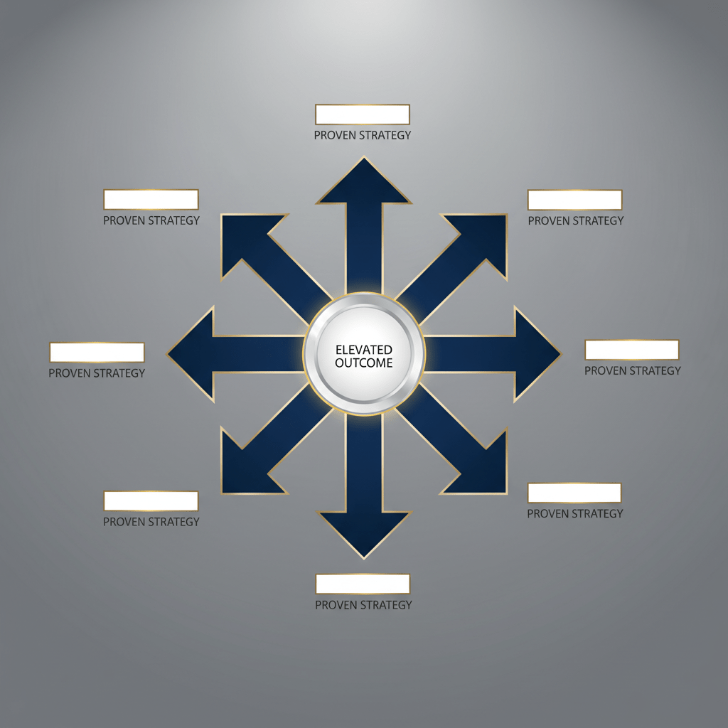 An infographic showing seven distinct strategic pathways, represented by clean geometric shapes, converging towards a central, elevated financial outcome, symbolizing proven non-dilutive fundraising strategies.