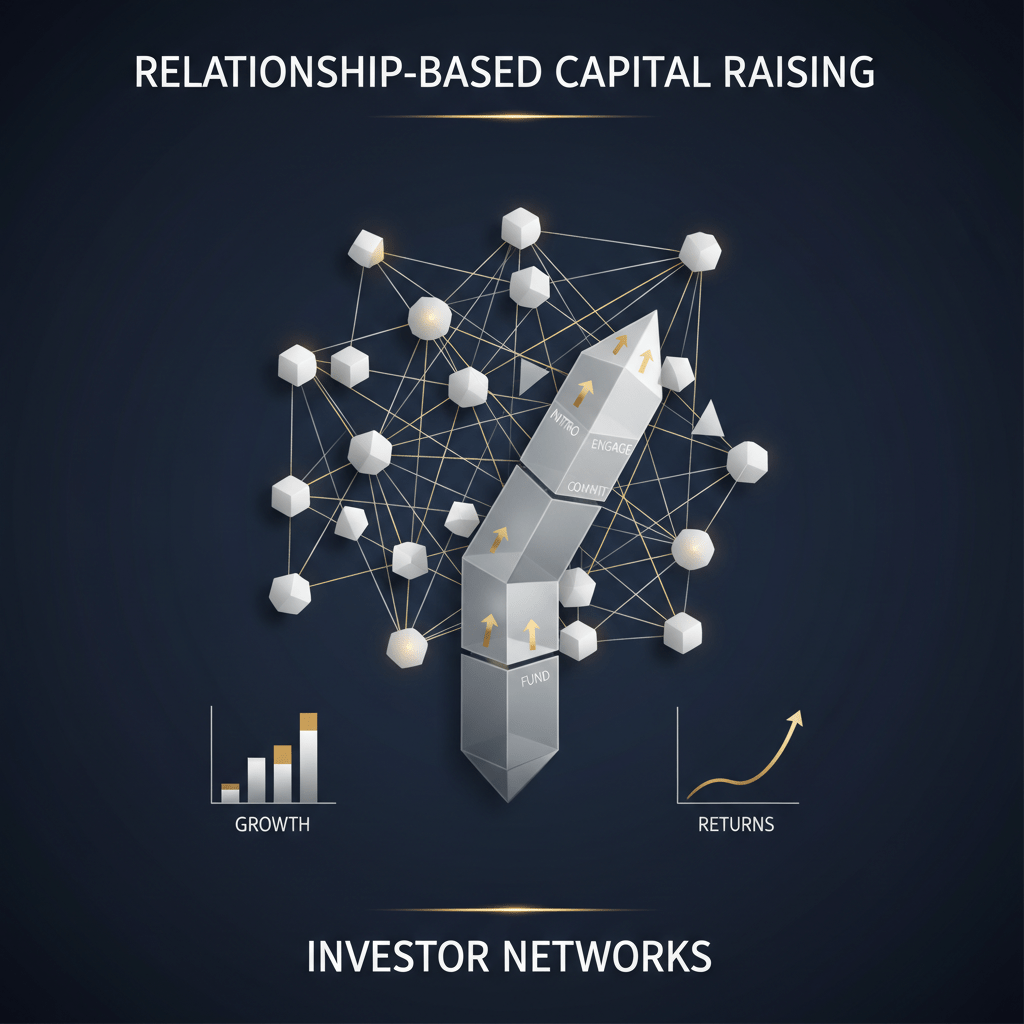 An infographic-style header image representing relationship-based capital raising for Series A startup funding. It features a sophisticated network graph with interconnected geometric nodes symbolizing investor relationships, seamlessly integrated with an ascending capital flow funnel. Glowing metallic lines illustrate the pathways of funding and connections. The design is modern, minimalist, and vector-based, using a premium color palette of deep navy, charcoal, white, and metallic silver and gold highlights to convey trust and exclusivity.